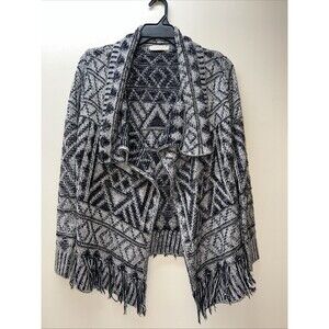 Entro Cardigan Sweater Small Navy Blue Gray Tribal Fringe Hem Open Front Western